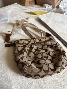 Vintage Coach Khaki and Brown Signature Canvas Crossbody